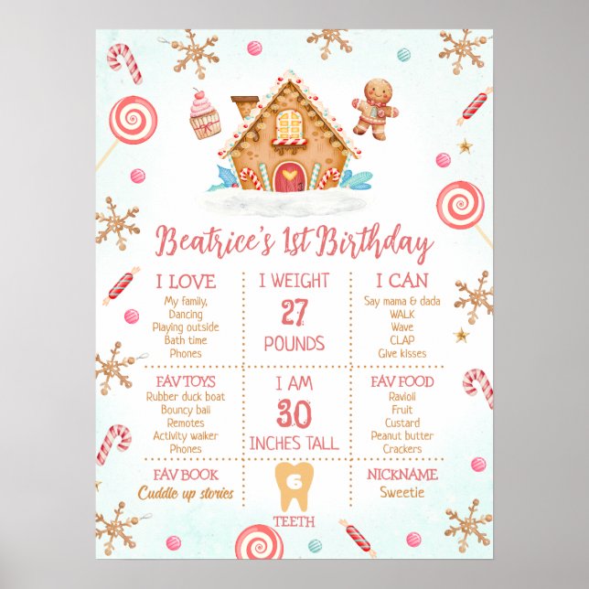 Gingerbread House First Birthday Milestone Board Poster (Front)