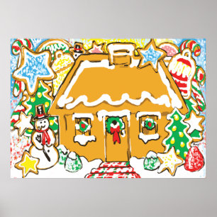 Gingerbread House Frosted Cookies Christmas Scene Poster