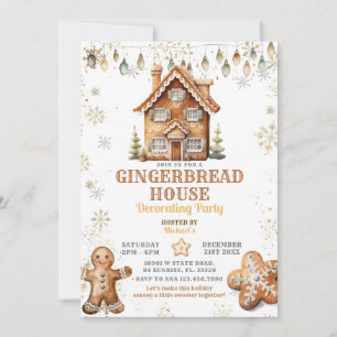 Gingerbread House Gold Christmas Decorating Party Invitation