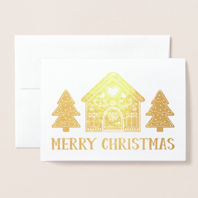 Gingerbread House Gold Foil Merry Christmas Foil Card (Front With Envelope)