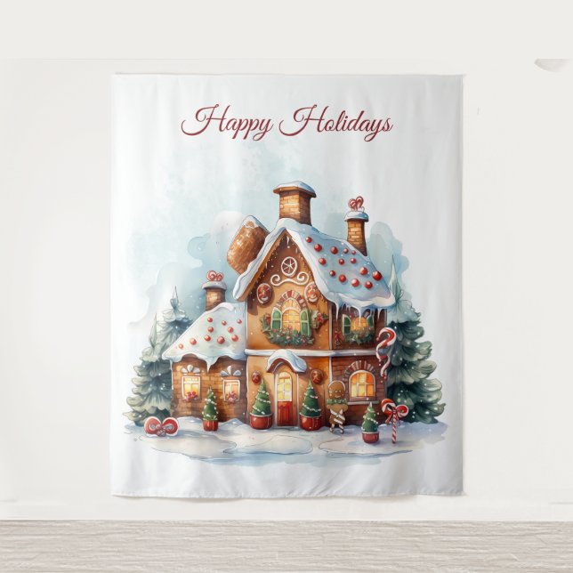 Gingerbread House Holiday Backdrop Tapestry (Front)