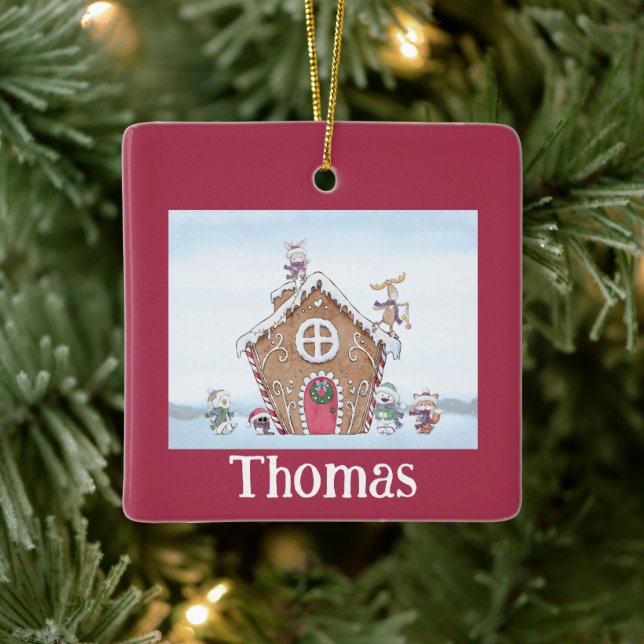 Gingerbread House Ice Skating Personalised Ceramic Ornament (Tree)