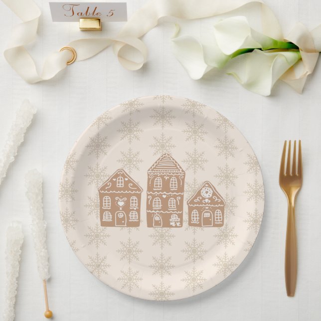 Gingerbread House Illustration Snowflake Pattern Paper Plate (Wedding)