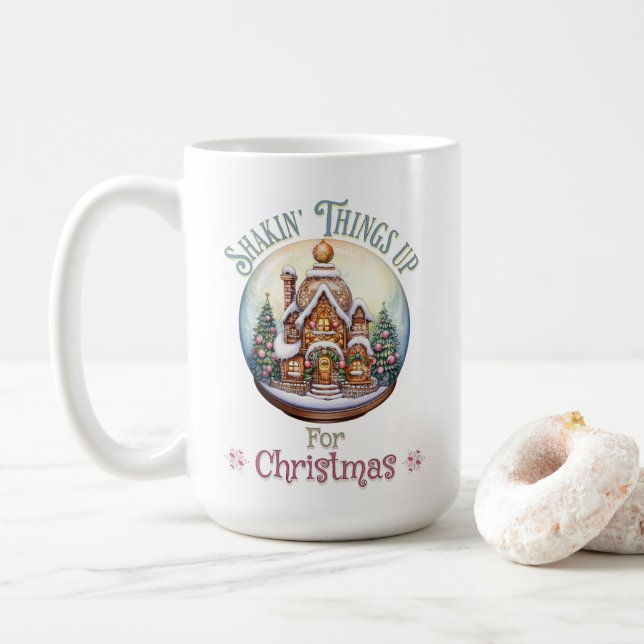 Gingerbread House in Snow Globe Christmas Holiday Coffee Mug (With Donut)
