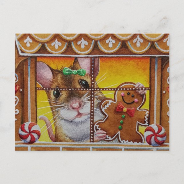 Gingerbread House Mouse & Cookie Watercolor Art Postcard (Front)