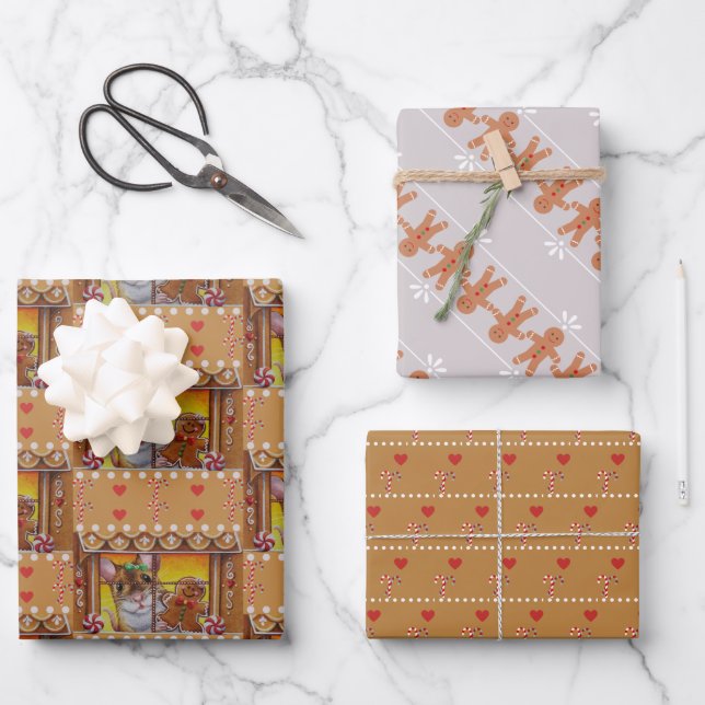 Gingerbread House Mouse & Cookie Watercolor Art Wrapping Paper Sheet (Front)