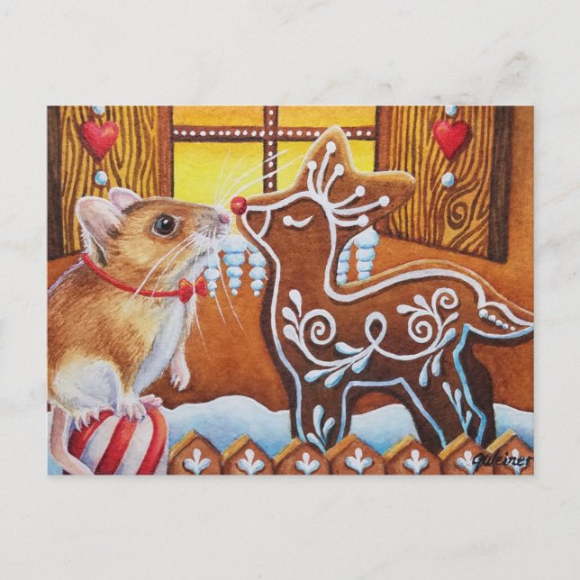 Gingerbread House Mouse & Reindeer Watercolor Art Postcard (Front)