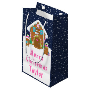 Gingerbread House Navy and Pink Merry Christmas Small Gift Bag
