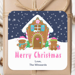Gingerbread House Navy and Pink Merry Christmas Square Sticker