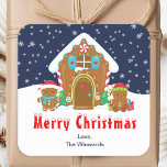 Gingerbread House Navy and Red Merry Christmas Square Sticker<br><div class="desc">This cute and festive Merry Christmas sticker can be personalised with a name, relation or title. It features a cute gingerbread house decorated with red and green candy. Beside it are adorable gingerbread men with gifts, dressed in Santa hats and a scarf. In the background is a navy blue winter...</div>