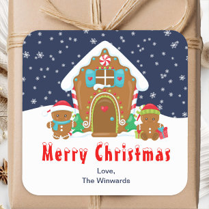 Gingerbread House Navy and Red Merry Christmas Square Sticker