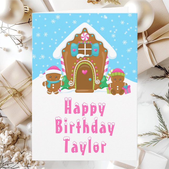 Gingerbread House Pink and Blue Happy Birthday Card (Creator Uploaded)