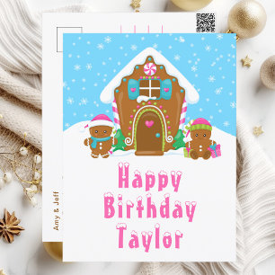 Gingerbread House Pink and Blue Happy Birthday Postcard