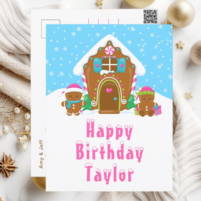 Gingerbread House Pink and Blue Happy Birthday Postcard (Creator Uploaded)