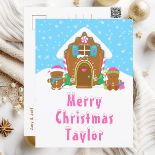 Gingerbread House Pink and Blue Merry Christmas Holiday Postcard