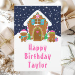 Gingerbread House Pink and Navy Happy Birthday Card<br><div class="desc">This cute and festive birthday card can be personalised with a name or title such as daughter, granddaughter, niece, friend etc. The design features a cute gingerbread house decorated with pink and green Christmas candy. Beside it are adorable gingerbread men with gifts, dressed in Santa hats and a scarf. In...</div>