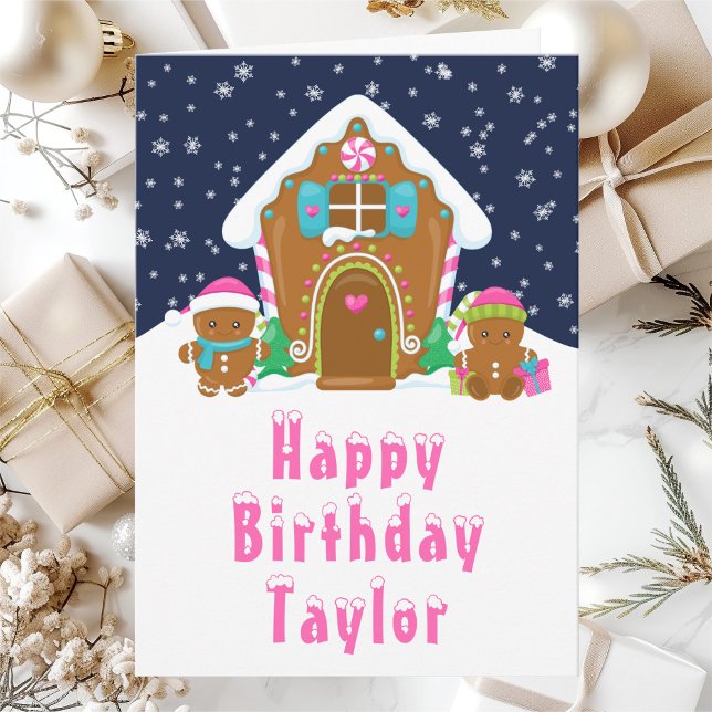 Gingerbread House Pink and Navy Happy Birthday Card (Creator Uploaded)