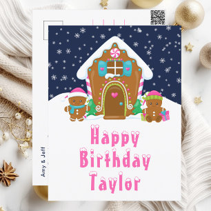 Gingerbread House Pink and Navy Happy Birthday Postcard
