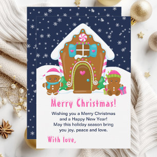 Gingerbread House Pink and Navy Merry Christmas Holiday Card