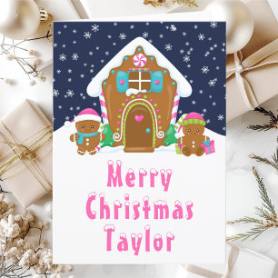 Gingerbread House Pink and Navy Merry Christmas Holiday Card