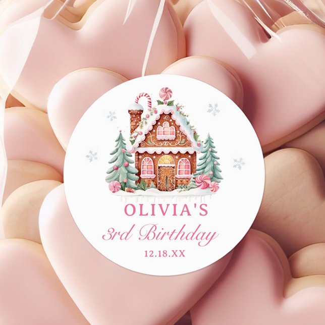 Gingerbread House Pink Christmas Birthday Classic Round Sticker (Creator Uploaded)