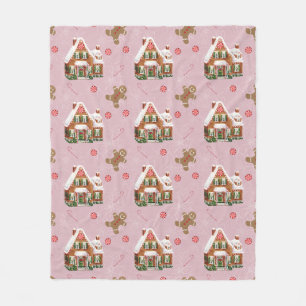 Gingerbread House Pink Christmas Fleece Blanket