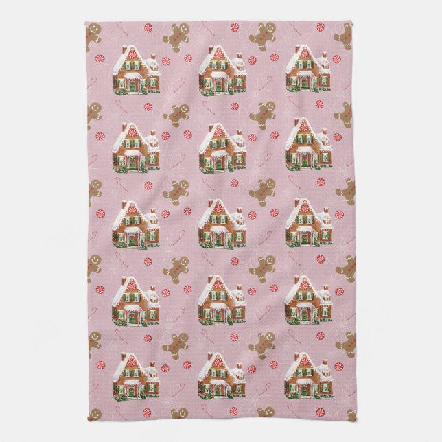 Gingerbread House Pink Christmas Kitchen Towel (Vertical)
