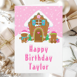 Gingerbread House Pink Happy Birthday Card