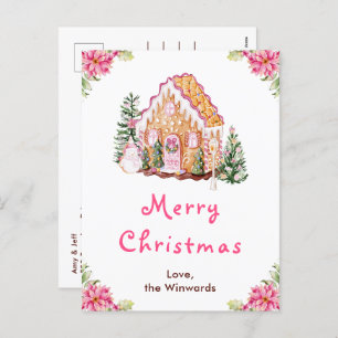 Gingerbread House Pink Merry Christmas Holiday Postcard