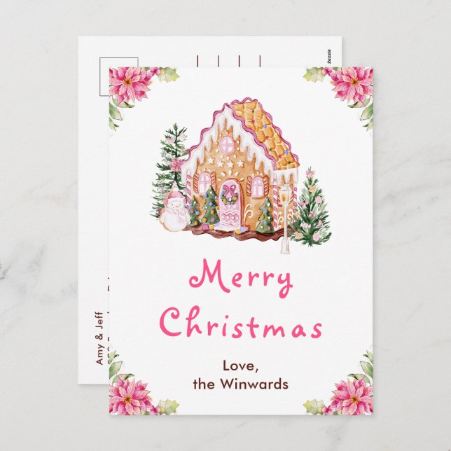 Gingerbread House Pink Merry Christmas Holiday Postcard (Front/Back)