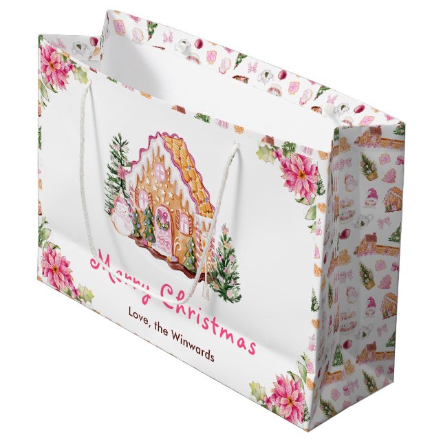 Gingerbread House Pink Merry Christmas Large Gift Bag (Front Angled)