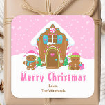 Gingerbread House Pink Merry Christmas Square Sticker<br><div class="desc">This cute and festive Merry Christmas sticker can be personalised with a name, relation or title. It features a cute gingerbread house decorated with pink and green candy. Beside it are adorable gingerbread men with gifts, dressed in Santa hats and a scarf. In the background is a bright pink winter...</div>