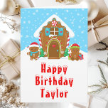 Gingerbread House Red and Blue Happy Birthday Card<br><div class="desc">This cute and festive birthday card can be personalised with a name or title such as son, grandson, nephew, friend etc. The design features a cute gingerbread house decorated with red and green Christmas candy. Beside it are adorable gingerbread men with gifts, dressed in Santa hats and a scarf. In...</div>