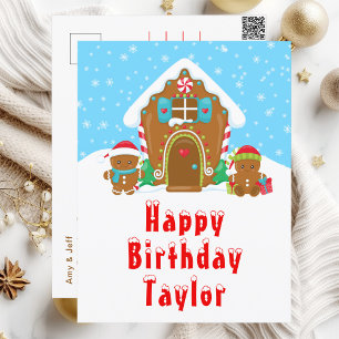 Gingerbread House Red and Blue Happy Birthday Postcard