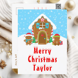 Gingerbread House Red and Blue Merry Christmas Holiday Postcard