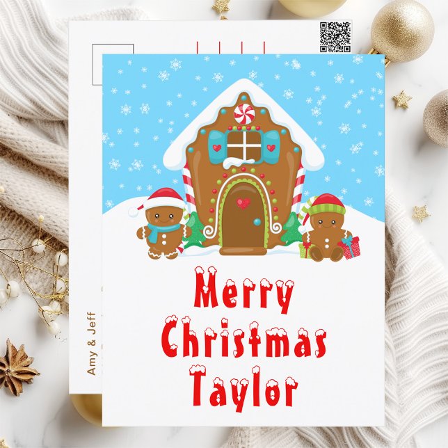 Gingerbread House Red and Blue Merry Christmas Holiday Postcard (Creator Uploaded)