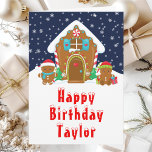 Gingerbread House Red and Navy Happy Birthday Card<br><div class="desc">This cute and festive birthday card can be personalised with a name or title such as son, grandson, nephew, friend etc. The design features a cute gingerbread house decorated with red and green Christmas candy. Beside it are adorable gingerbread men with gifts, dressed in Santa hats and a scarf. In...</div>