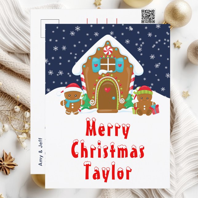 Gingerbread House Red and Navy Merry Christmas Holiday Postcard (Creator Uploaded)