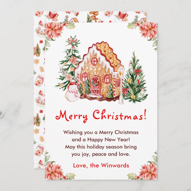 Gingerbread House Red Merry Christmas Holiday Card (Front/Back)
