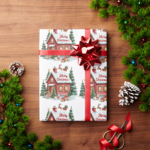 Gingerbread House Reindeer Fir Trees Wrapping Paper