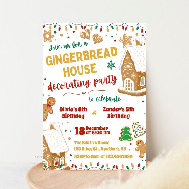 Gingerbread House Sibling Double Birthday Invitation ( Gingerbread House, Birthday Party Invitation, Christmas Cookie, Decorating Party Invite, Gingerbrea)
