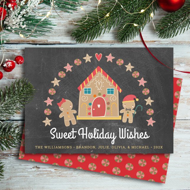 Gingerbread House Sweet Wishes Chalkboard Festive Holiday Card (Creator Uploaded)