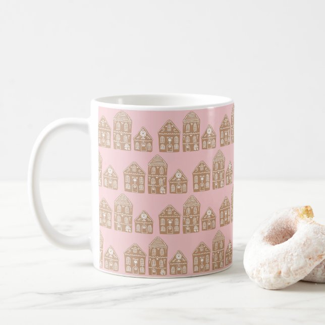 Gingerbread House Village Pattern Illustration Coffee Mug (With Donut)
