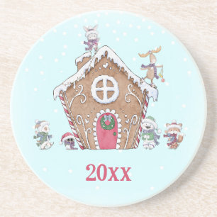 Gingerbread House Winter Stars Ice Skating Animals Coaster
