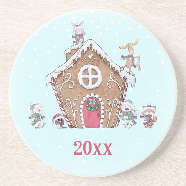 Gingerbread House Winter Stars Ice Skating Animals Coaster (Front)