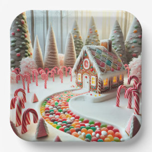 Gingerbread House With Candy Canes Paper Plate