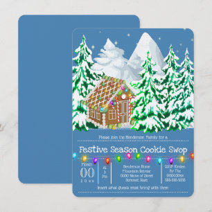 Gingerbread house woodland snow bright lights invitation