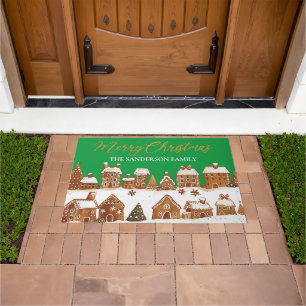 Gingerbread Houses Merry Christmas Greetings Green Doormat