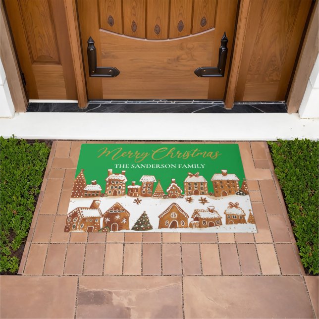 Gingerbread Houses Merry Christmas Greetings Green Doormat (Outdoor)