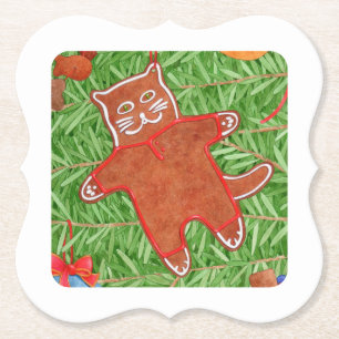 GINGERBREAD KITTY Bracket Paper Coasters / White